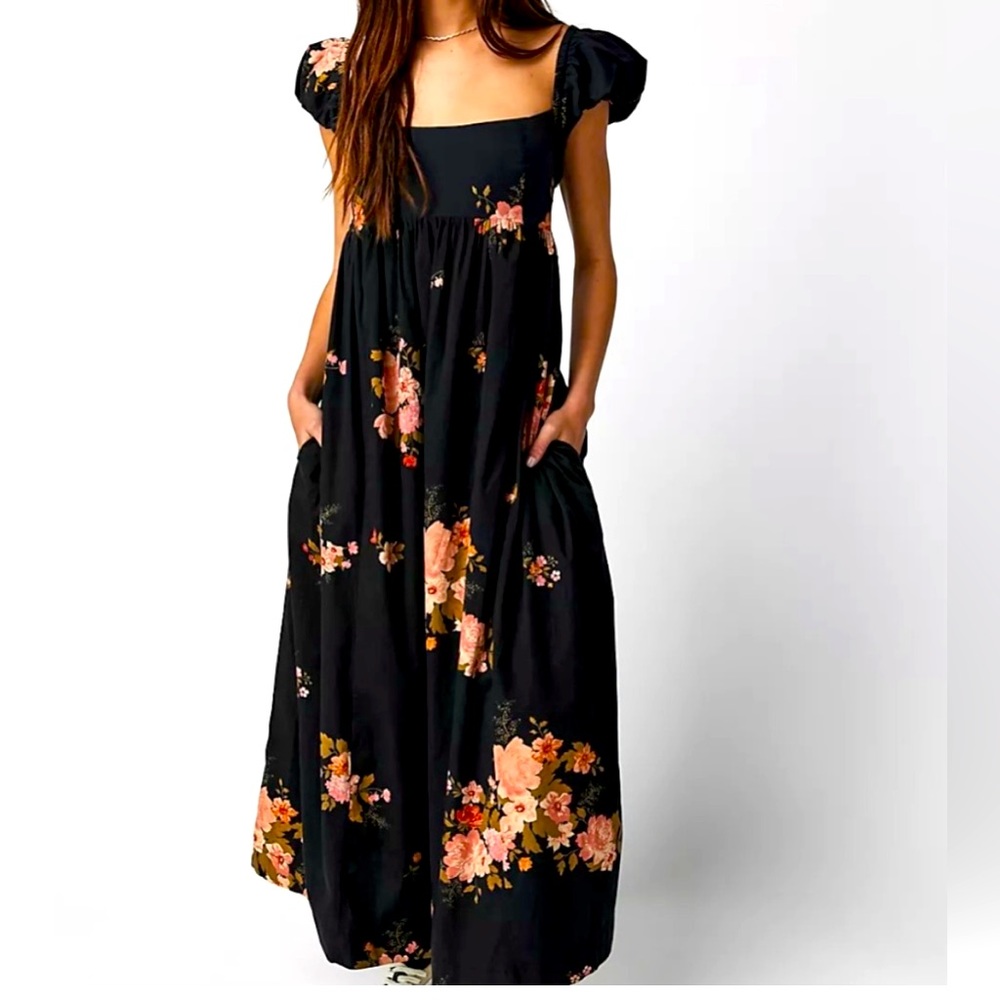 Free People Lou Lou Poplin Black Floral Maxi Dress M